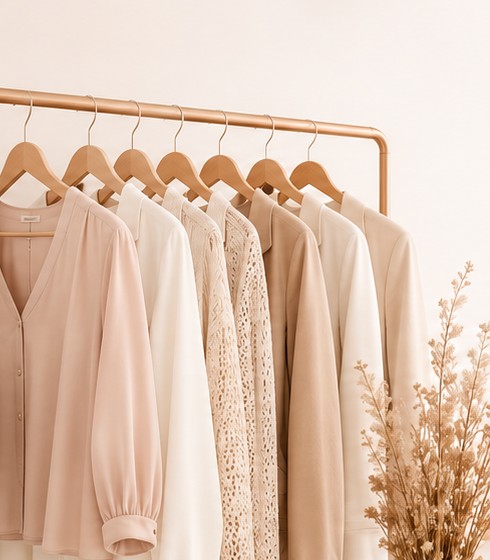 Arara da loja com blusas e camisas em rosê, off-white e bege